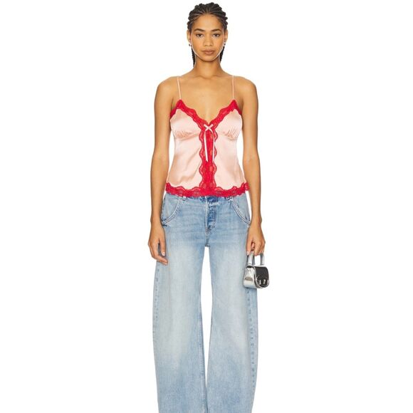 Danielle Guizio Blair Top Sleeveless Lace Trim Silky Tank Cami Pink Small - Picture 10 of 12